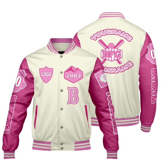 Custom White Pink Letterman Varsity Jacket Personalized Embroidery Printing