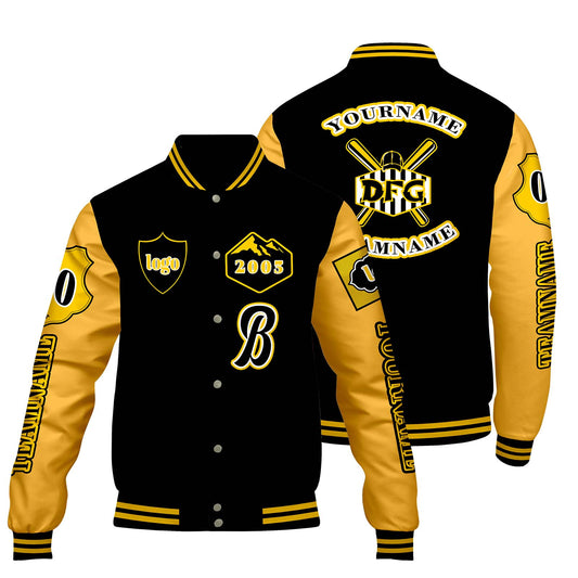 Custom Black Yellow Letterman Varsity Jacket Personalized Embroidery Printing