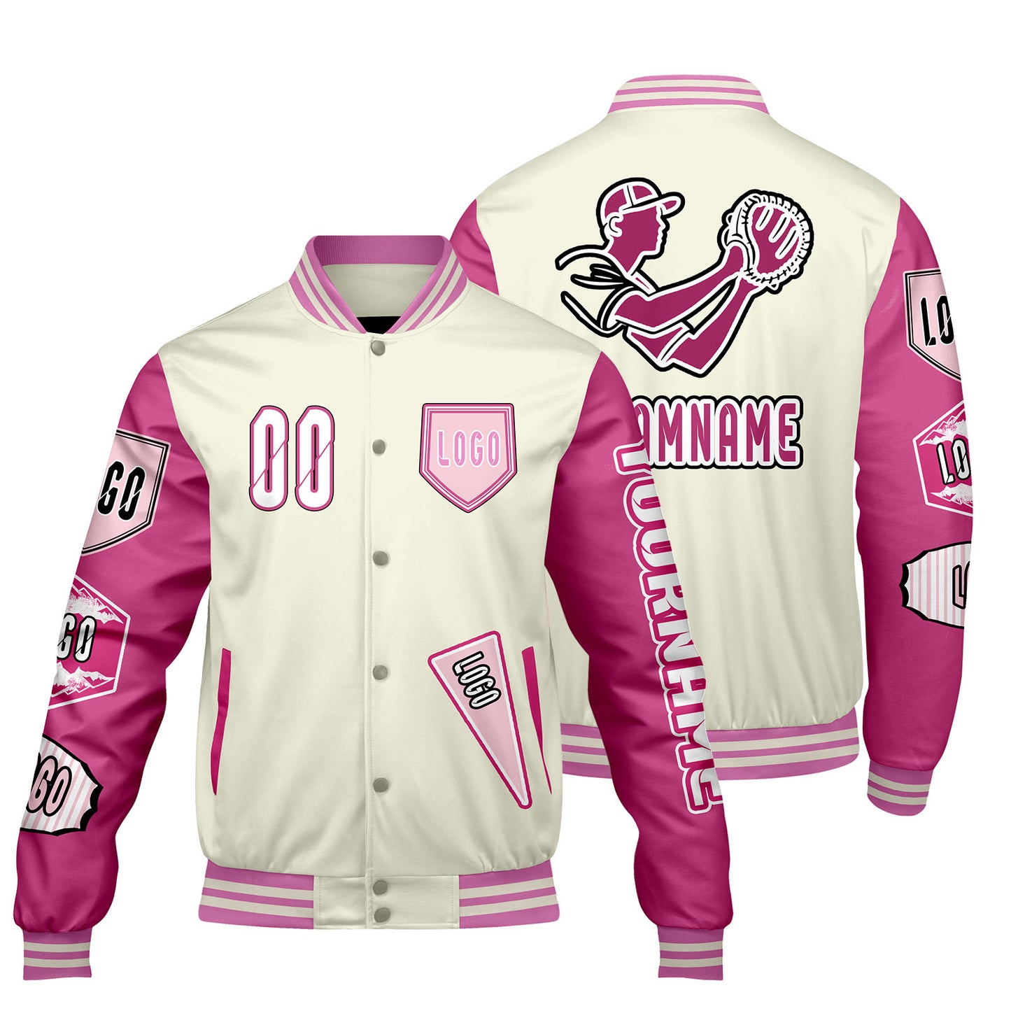 Custom White Pink Letterman Varsity Jacket Personalized Embroidery Printing