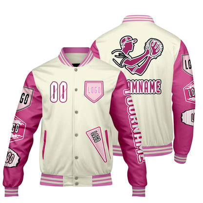 Custom White Pink Letterman Varsity Jacket Personalized Embroidery Printing