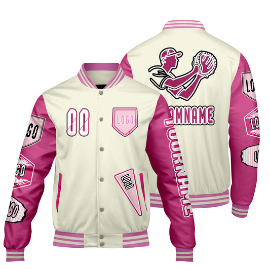 Custom White Pink Letterman Varsity Jacket Personalized Embroidery Printing