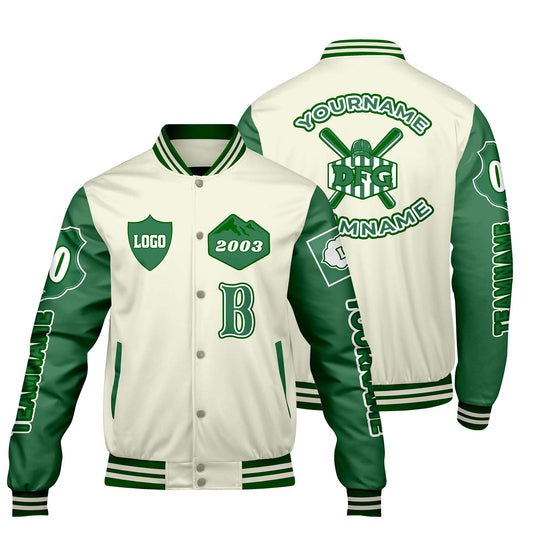 Custom White Green Letterman Varsity Jacket Personalized Embroidery Printing