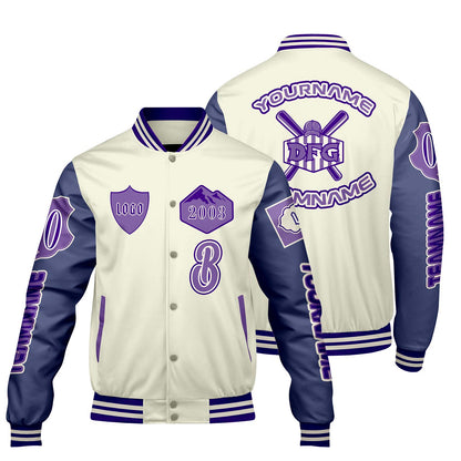 Custom White Purple Letterman Varsity Jacket Personalized Embroidery Printing