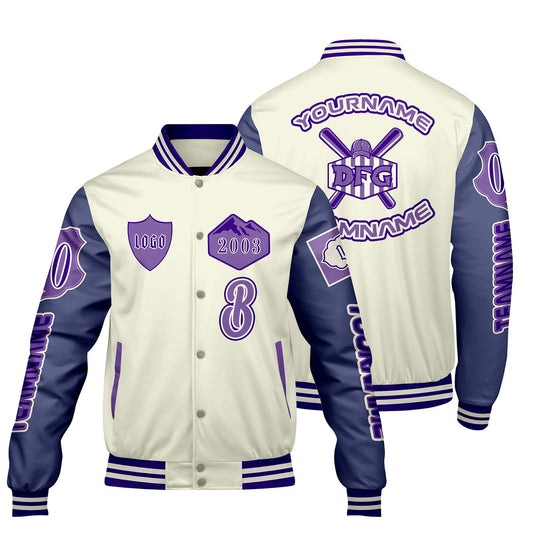 Custom White Purple Letterman Varsity Jacket Personalized Embroidery Printing