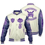 Custom White Purple Letterman Varsity Jacket Personalized Embroidery Printing