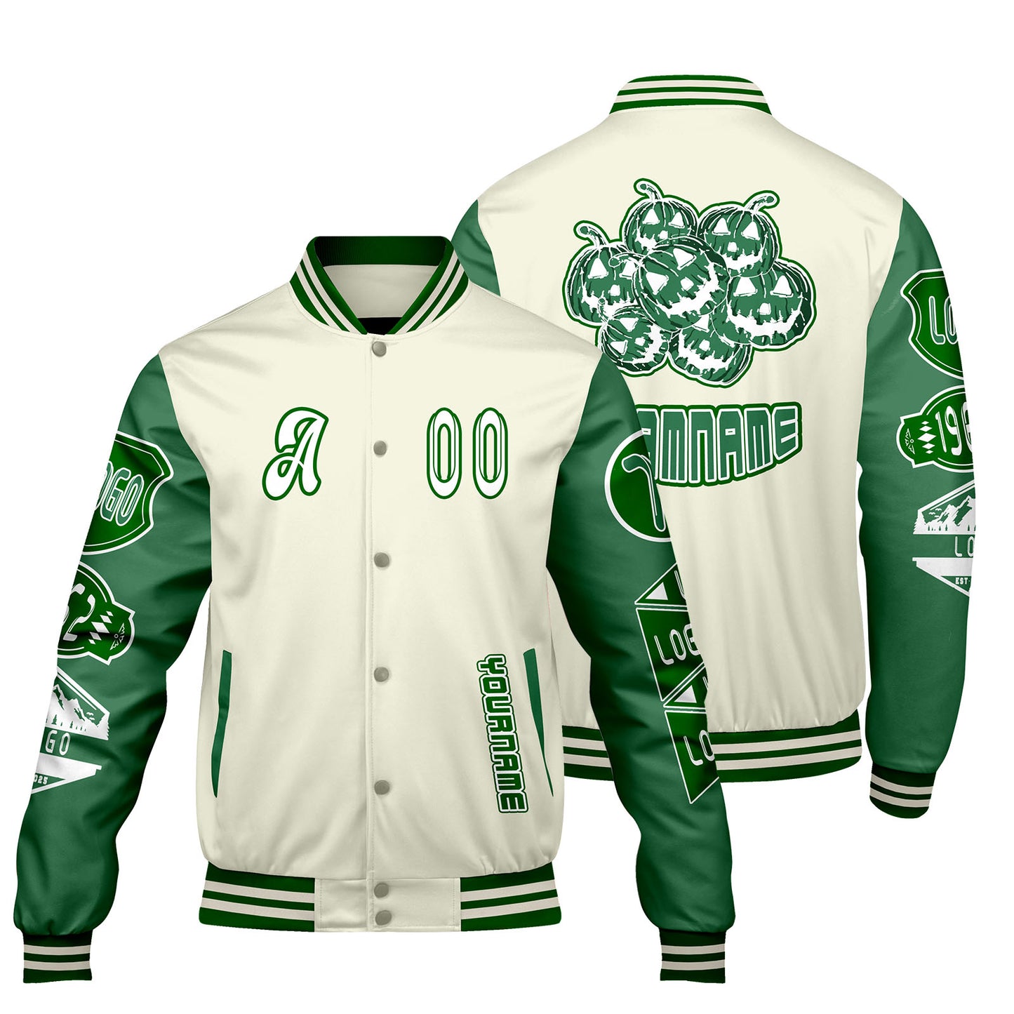 Custom White Grass Green Letterman Varsity Jacket Personalized Embroidery Printing
