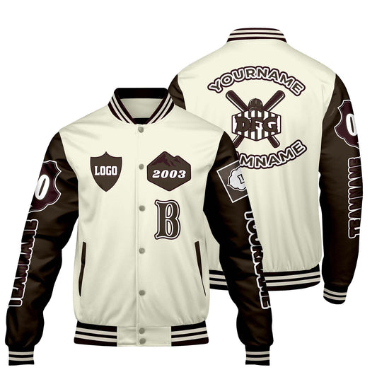 Custom White Brown Letterman Varsity Jacket Personalized Embroidery Printing