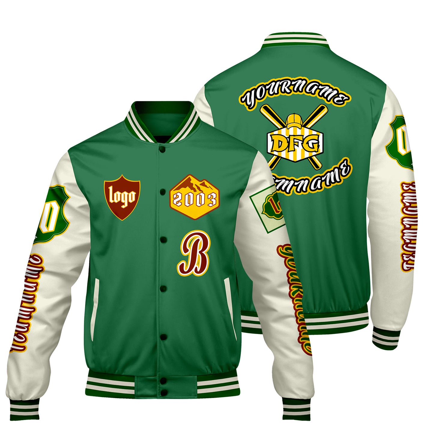 Custom Green White Letterman Varsity Jacket Personalized Embroidery Printing
