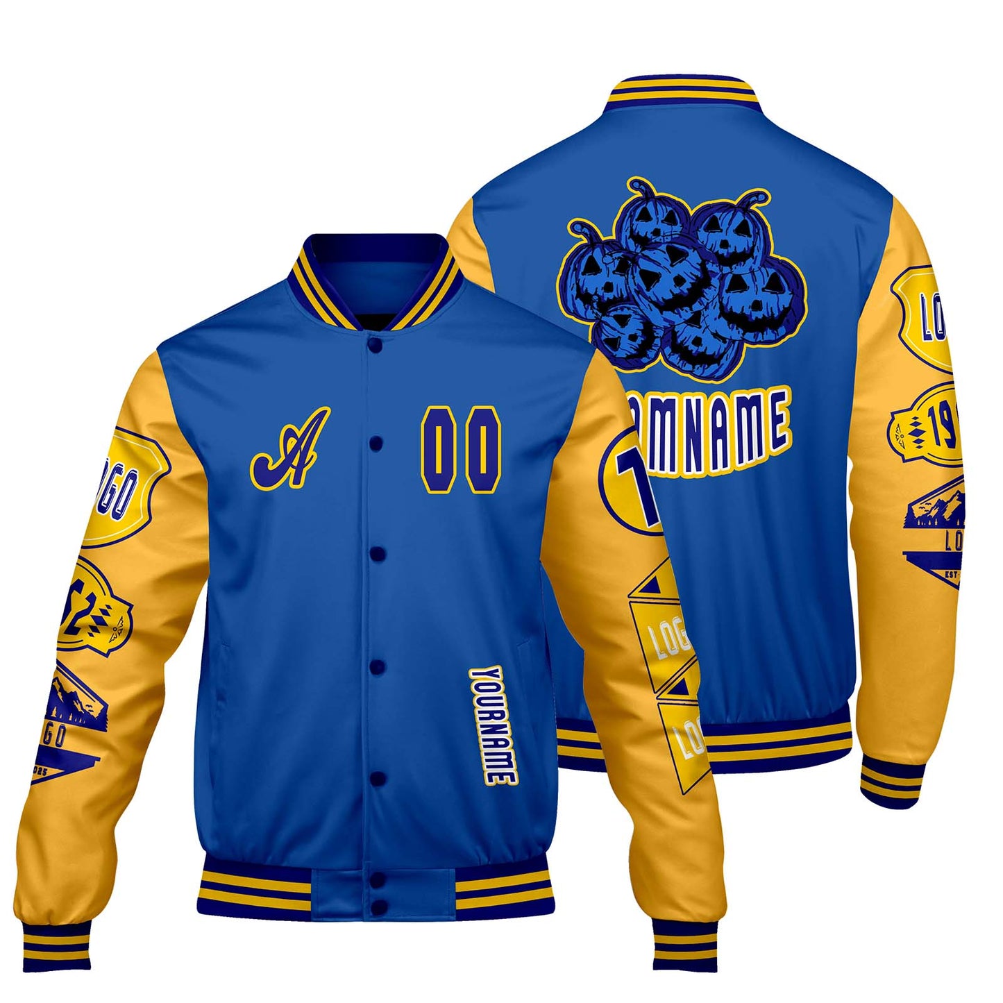 Custom Blue Yellow Letterman Varsity Jacket Personalized Embroidery Printing
