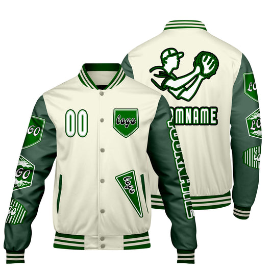 Custom White Military Green Letterman Varsity Jacket Personalized Embroidery Printing