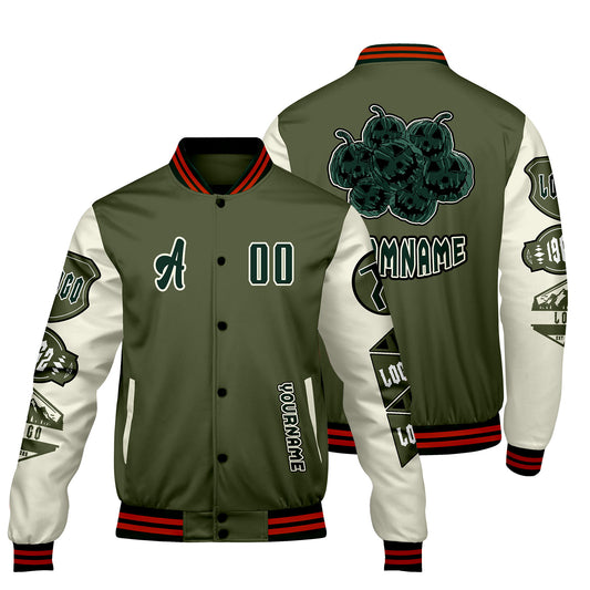 Custom Olive Green White Letterman Varsity Jacket Personalized Embroidery Printing