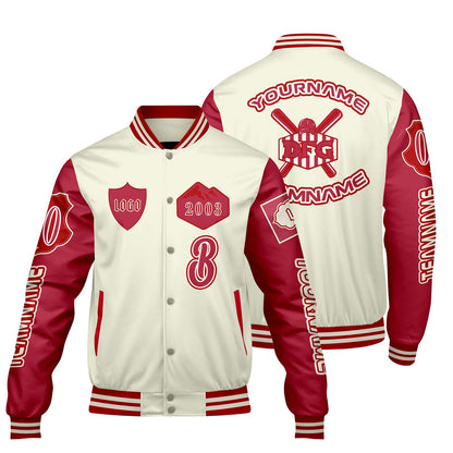 Custom White Red Letterman Varsity Jacket Personalized Embroidery Printing