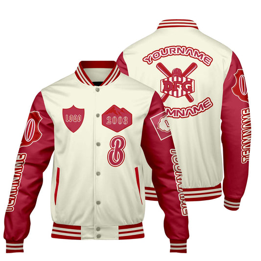 Custom White Red Letterman Varsity Jacket Personalized Embroidery Printing