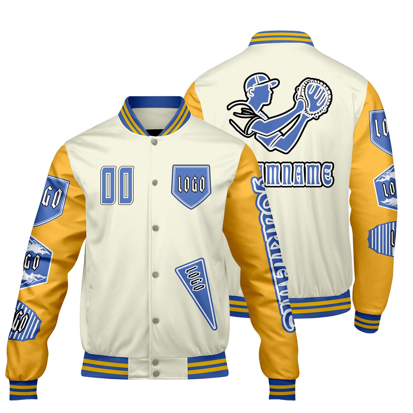 Custom White Yellow Letterman Varsity Jacket Personalized Embroidery Printing