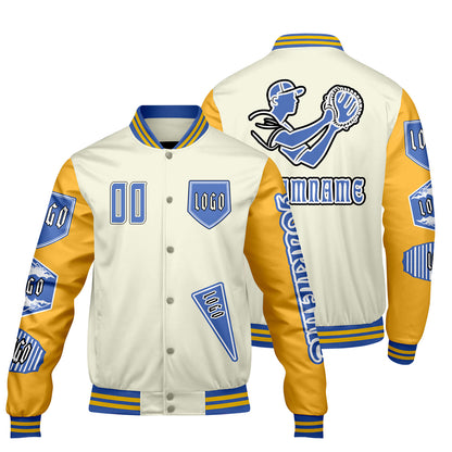 Custom White Yellow Letterman Varsity Jacket Personalized Embroidery Printing