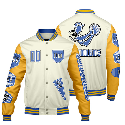 Custom White Yellow Letterman Varsity Jacket Personalized Embroidery Printing