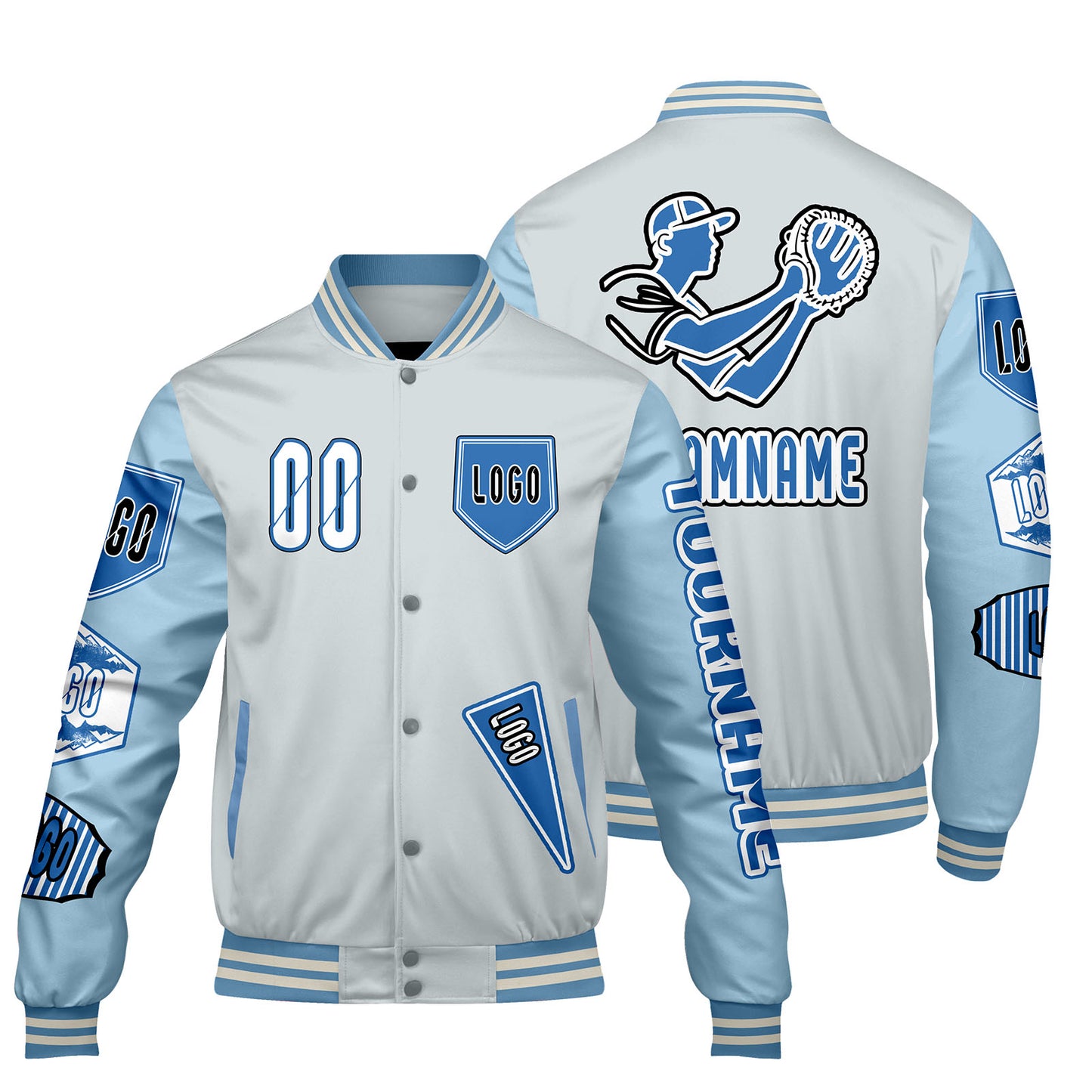 Custom Gray Lion Blue Letterman Varsity Jacket Personalized Embroidery Printing
