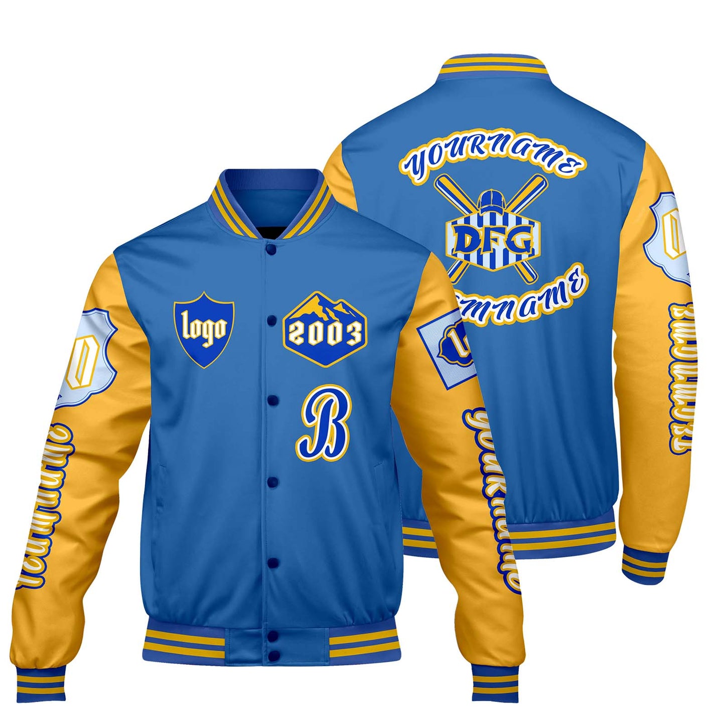 Custom Blue Yellow Letterman Varsity Jacket Personalized Embroidery Printing