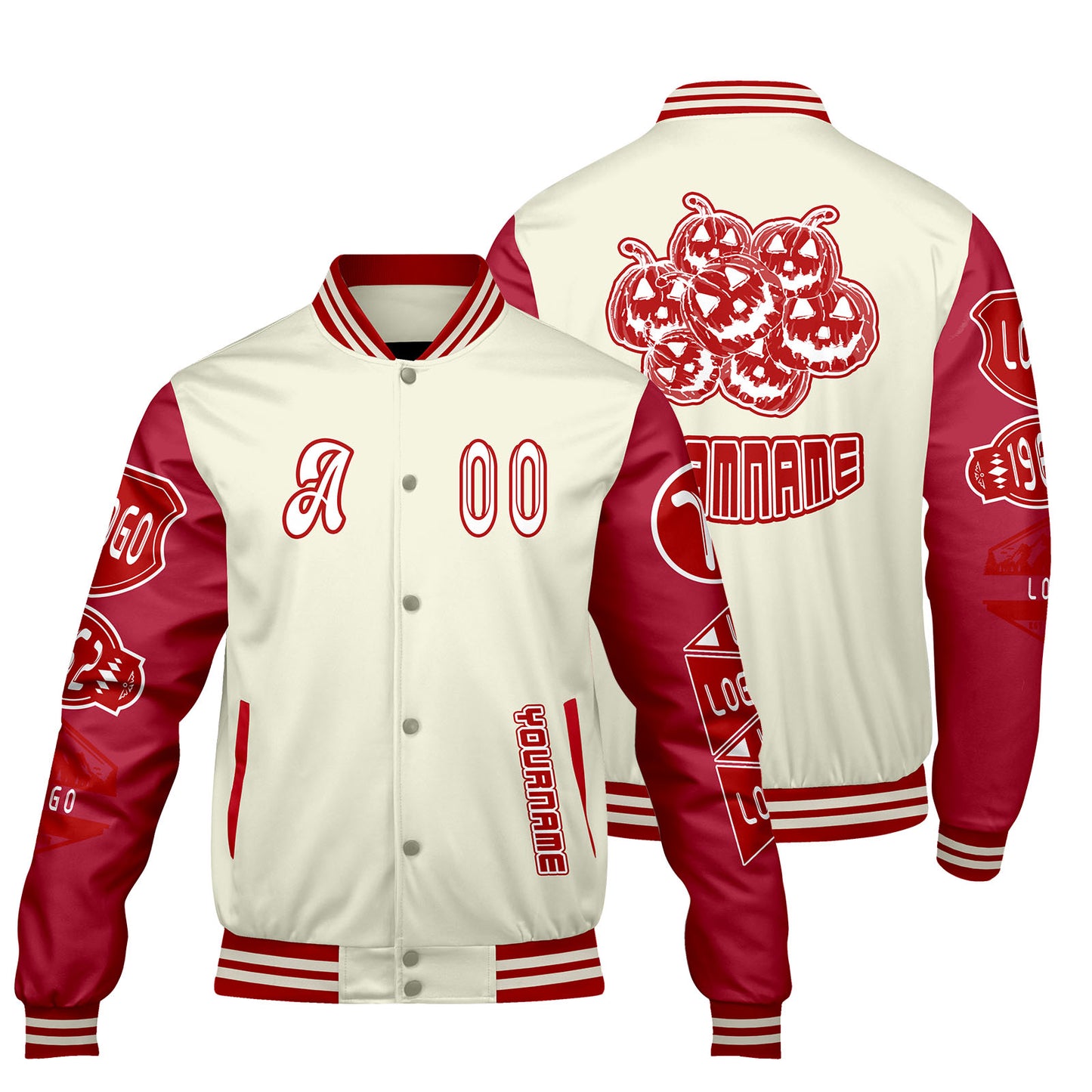 Custom White Bright Red Letterman Varsity Jacket Personalized Embroidery Printing