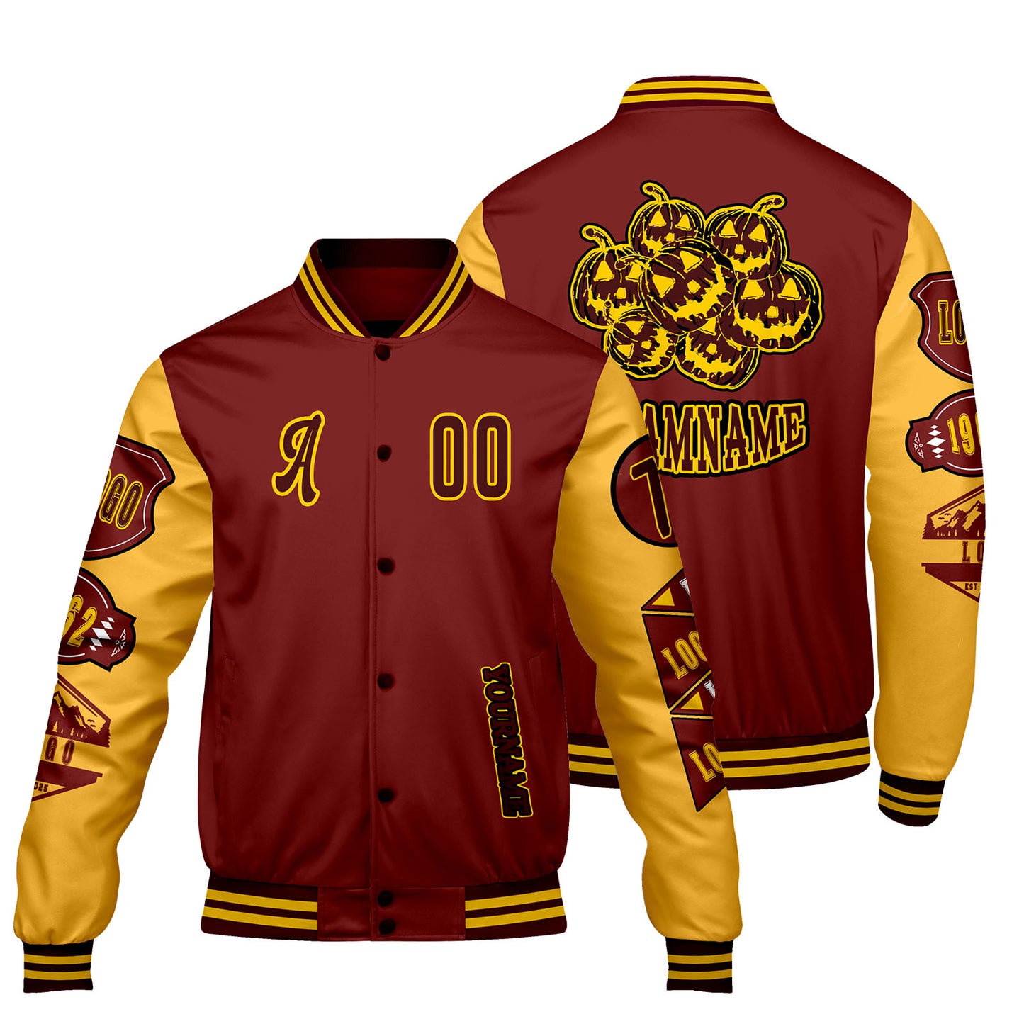 Custom Burgundy Yellow Letterman Varsity Jacket Personalized Embroidery Printing