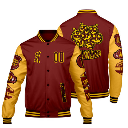 Custom Burgundy Yellow Letterman Varsity Jacket Personalized Embroidery Printing