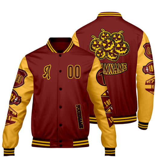Custom Burgundy Yellow Letterman Varsity Jacket Personalized Embroidery Printing