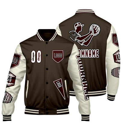 Custom Brown White Letterman Varsity Jacket Personalized Embroidery Printing