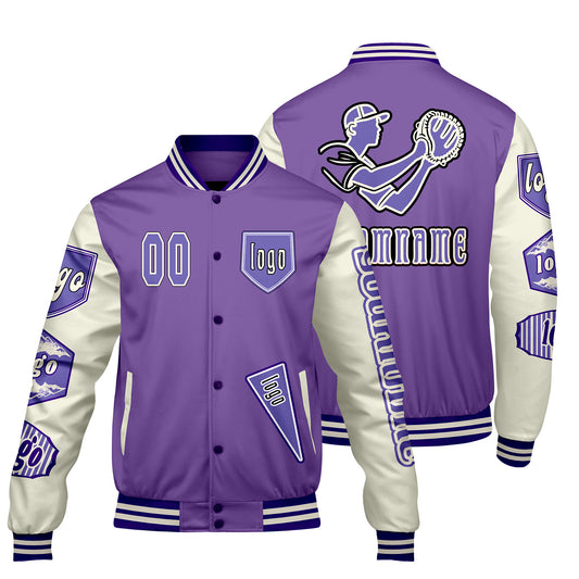 Custom Purple White Letterman Varsity Jacket Personalized Embroidery Printing