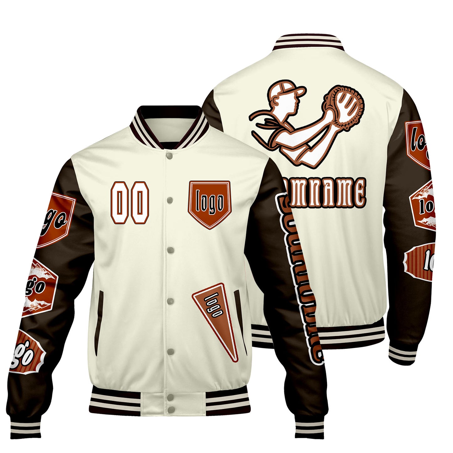 Custom White Brown Letterman Varsity Jacket Personalized Embroidery Printing