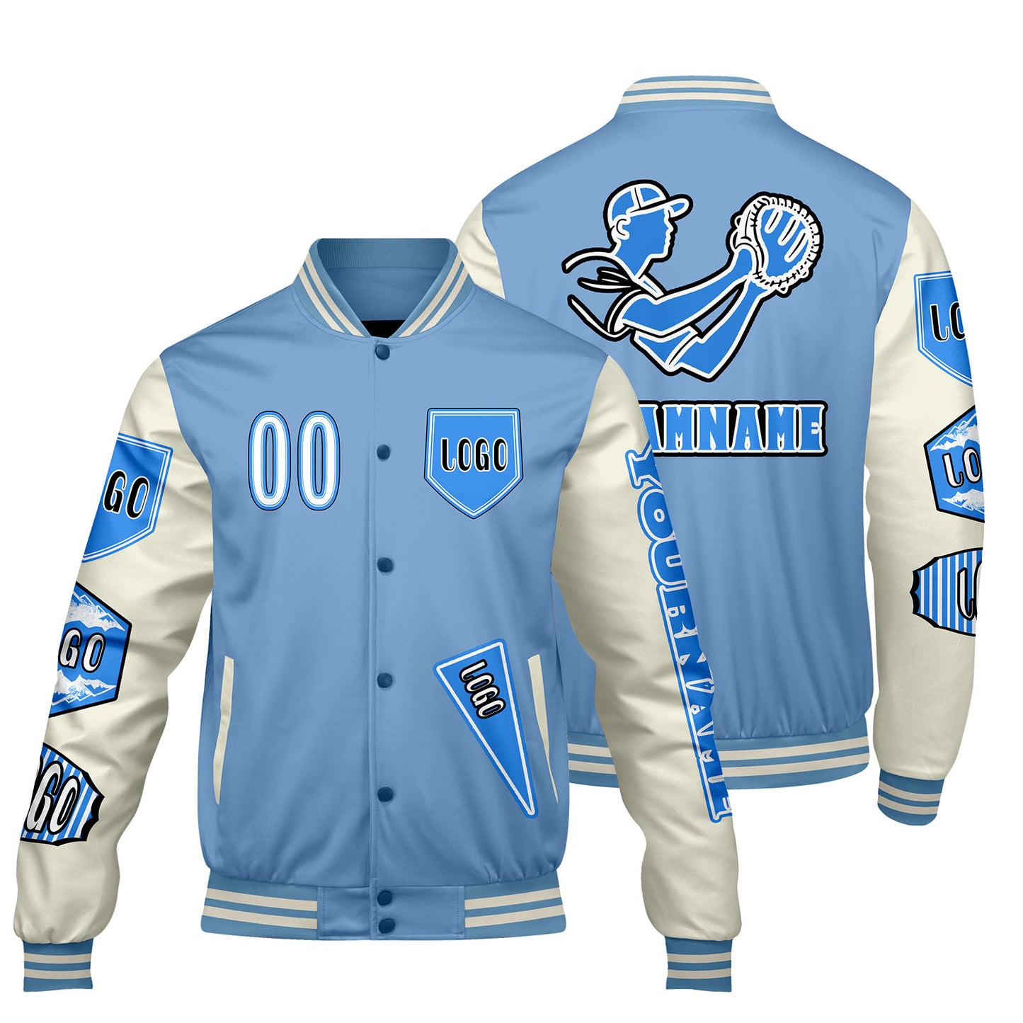 Custom Blue White Letterman Varsity Jacket Personalized Embroidery Printing