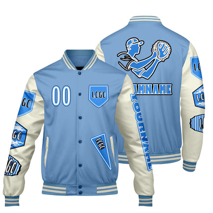 Custom Blue White Letterman Varsity Jacket Personalized Embroidery Printing