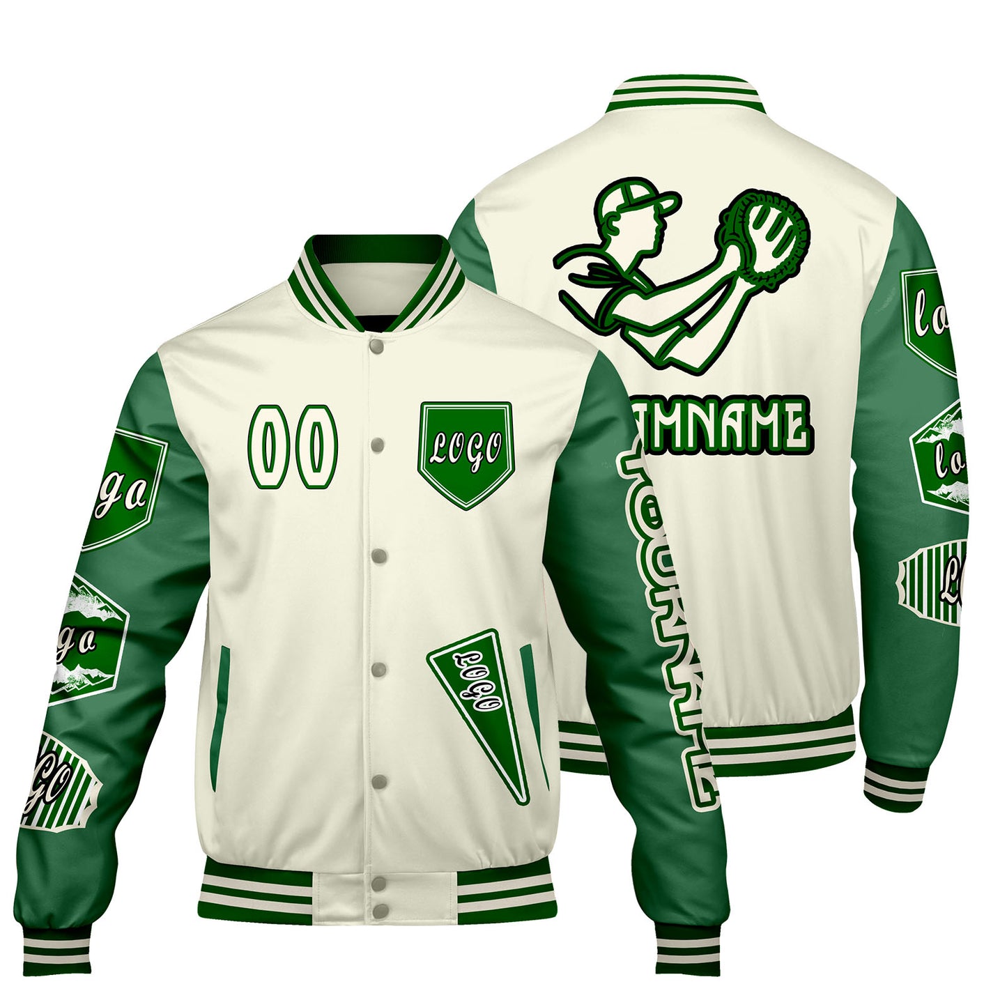 Custom White Grass Green Letterman Varsity Jacket Personalized Embroidery Printing