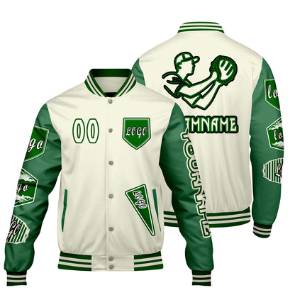 Custom White Grass Green Letterman Varsity Jacket Personalized Embroidery Printing