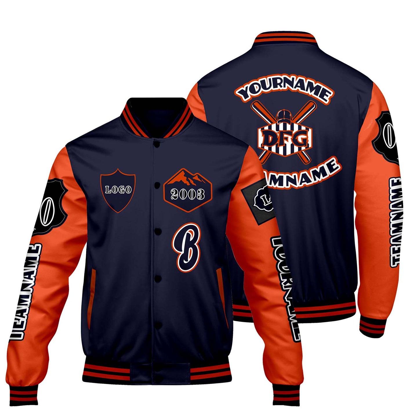 Custom Navy Orange Letterman Varsity Jacket Personalized Embroidery Printing