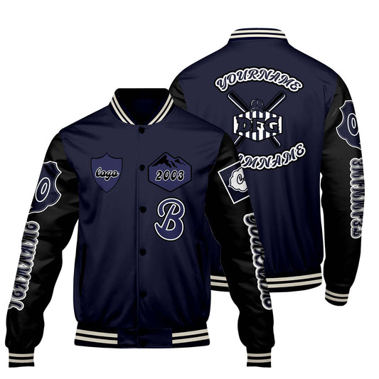 Custom Navy Black Letterman Varsity Jacket Personalized Embroidery Printing