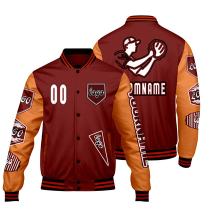 Custom Red Orange Letterman Varsity Jacket Personalized Embroidery Printing
