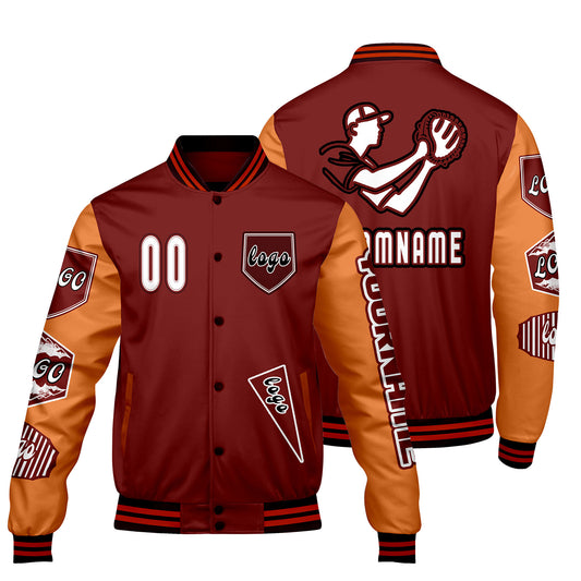Custom Red Orange Letterman Varsity Jacket Personalized Embroidery Printing