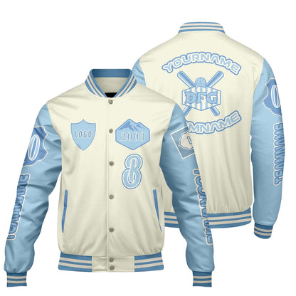 Custom White Blue Letterman Varsity Jacket Personalized Embroidery Printing