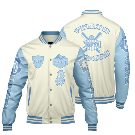 Custom White Blue Letterman Varsity Jacket Personalized Embroidery Printing