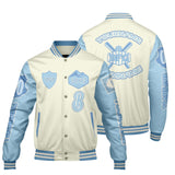 Custom White Blue Letterman Varsity Jacket Personalized Embroidery Printing