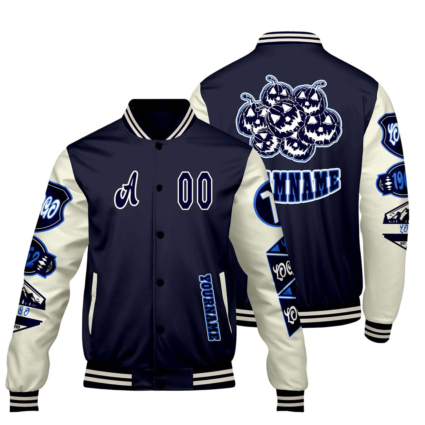 Custom Navy White Letterman Varsity Jacket Personalized Embroidery Printing