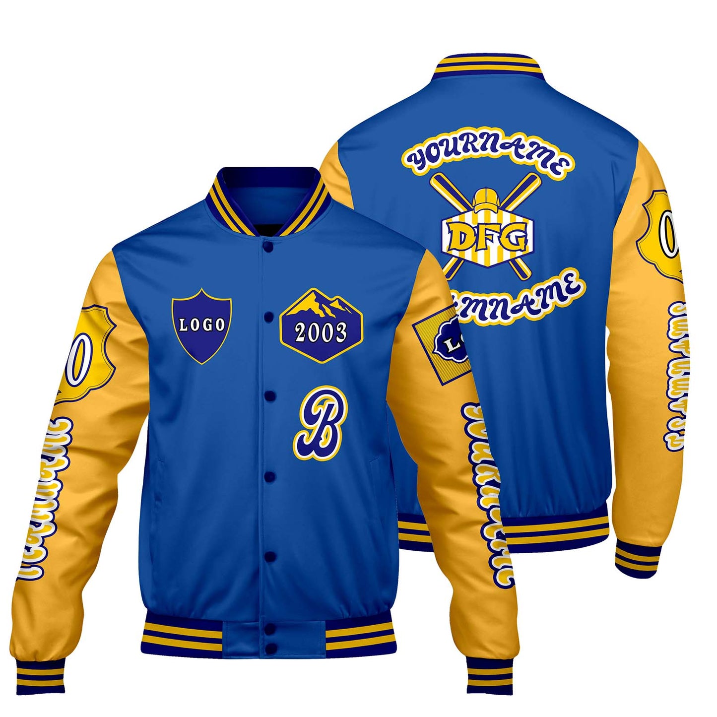 Custom Blue Yellow Letterman Varsity Jacket Personalized Embroidery Printing