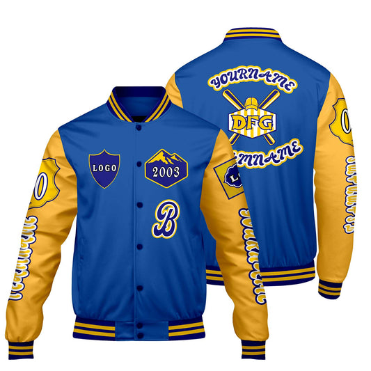 Custom Blue Yellow Letterman Varsity Jacket Personalized Embroidery Printing