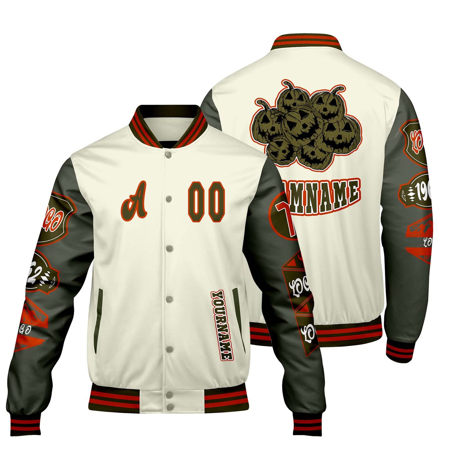 Custom White Military Green Letterman Varsity Jacket Personalized Embroidery Printing