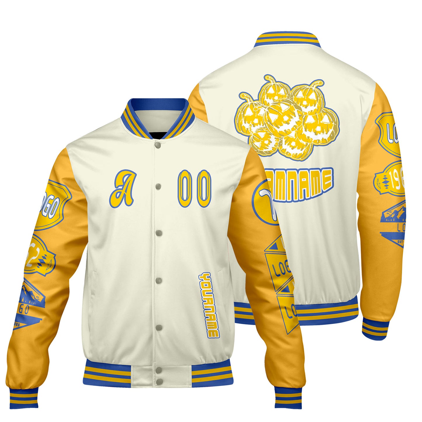 Custom White Yellow Letterman Varsity Jacket Personalized Embroidery Printing