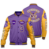 Custom Purple Yellow Letterman Varsity Jacket Personalized Embroidery Printing