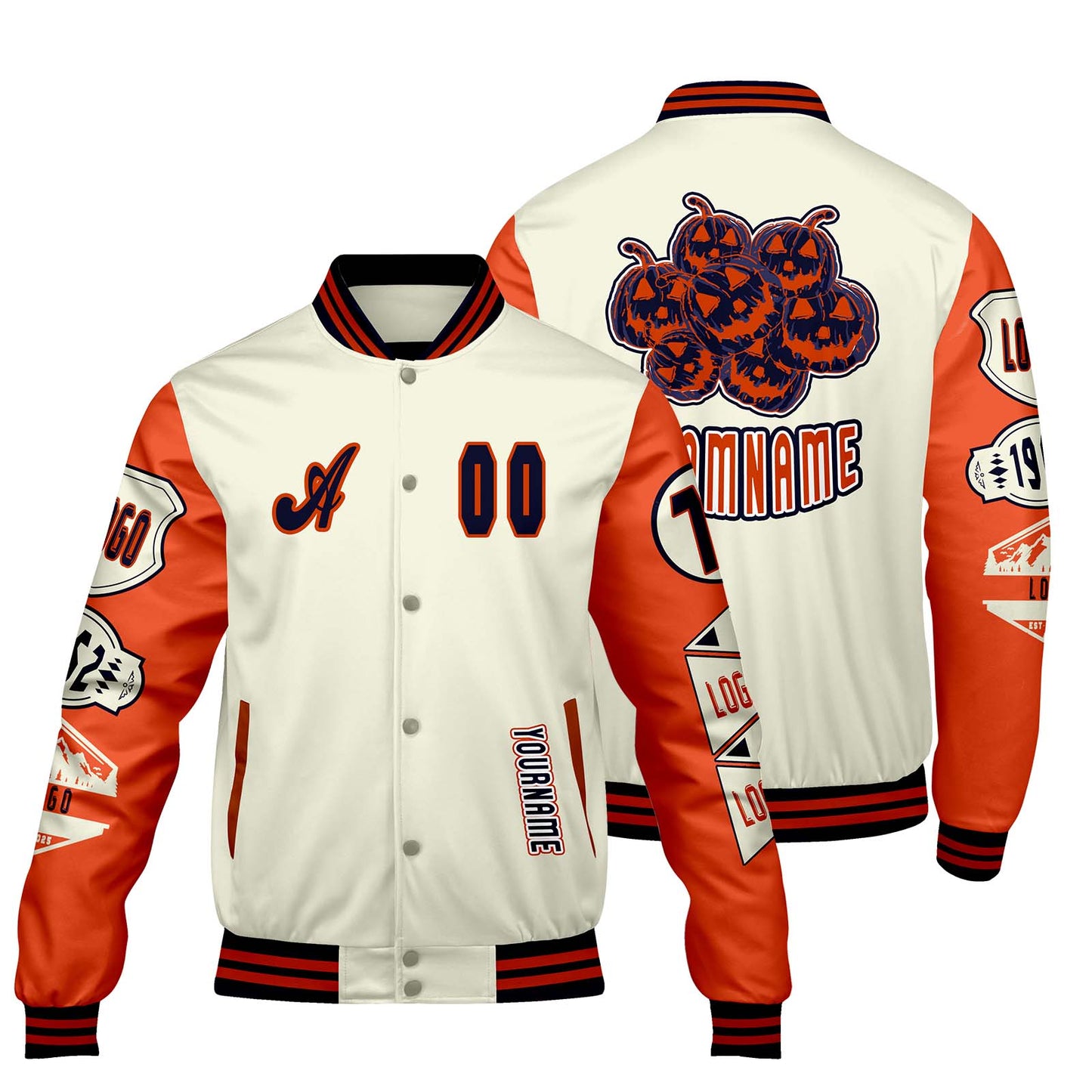 Custom White Bright Orange Letterman Varsity Jacket Personalized Embroidery Printing