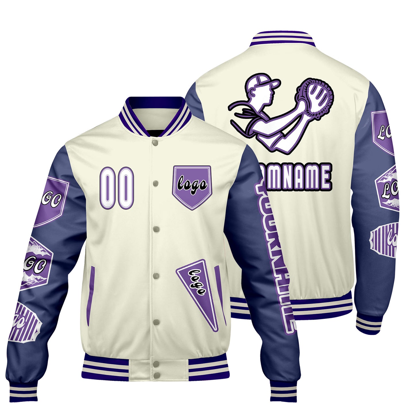 Custom White Purple Letterman Varsity Jacket Personalized Embroidery Printing
