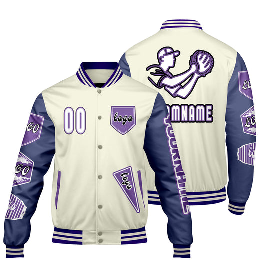 Custom White Purple Letterman Varsity Jacket Personalized Embroidery Printing