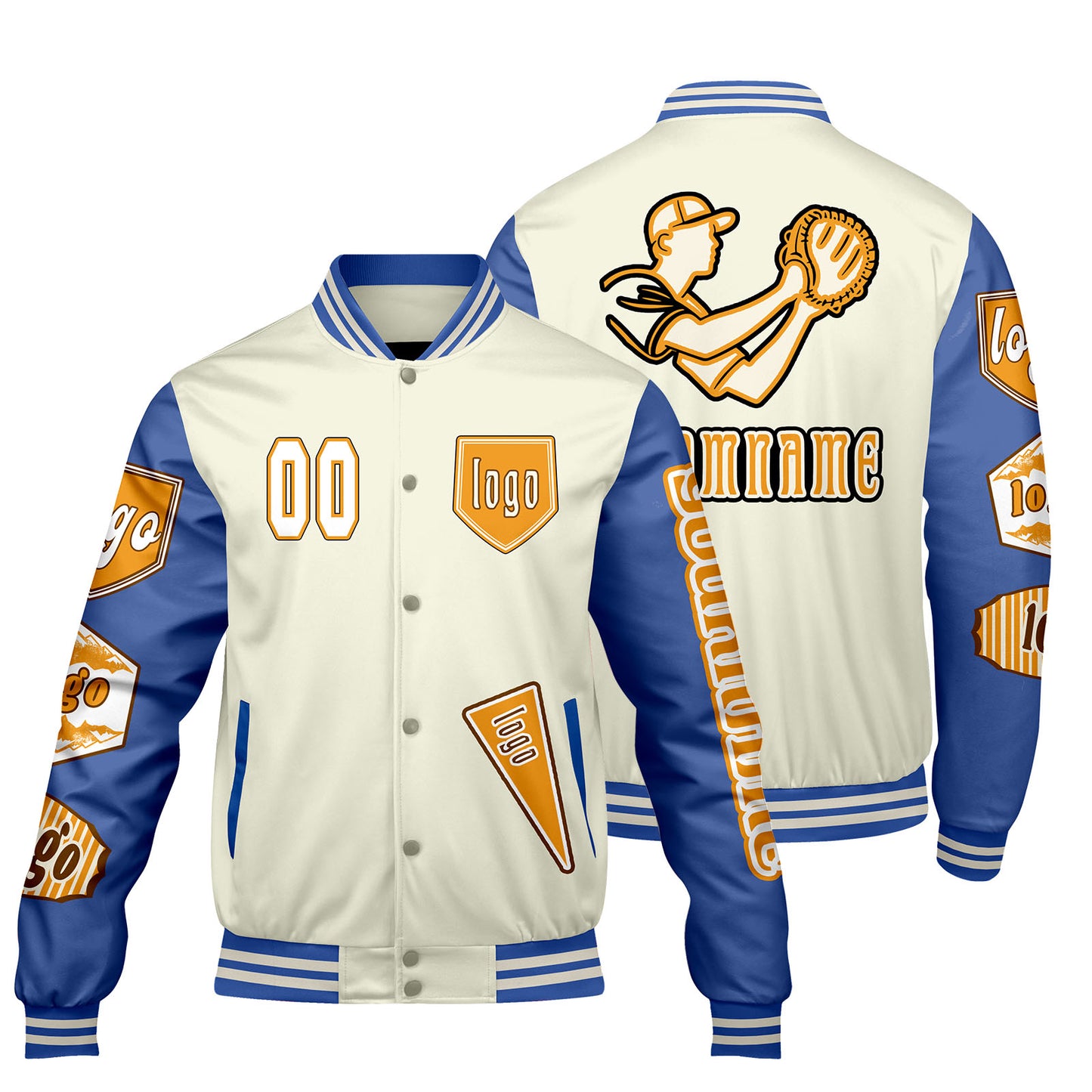 Custom White Bright Blue Letterman Varsity Jacket Personalized Embroidery Printing